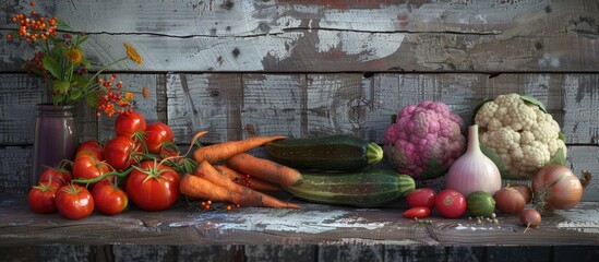 Poster - Autumn harvest A variety of vegetables tomatoes and cucumbers carrots and cauliflower zucchini and eggplant onions and potatoes on a weathered wooden surface Selective focus. Copy space image