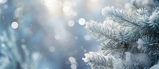 Poster - Close up photo of a pine tree blanketed in snow during the winter season background. Copy space image. Place for adding text and design