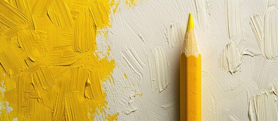 Wall Mural - Vertical template with copy space featuring a top view close up macro photo of a yellow pencil set against textured white paper combined with a yellow square A flash light creates a soft illumination