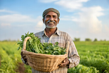 Wall Mural - happy indian farmer holding a basket of freshly harvested vegetables