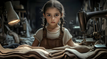 Poster - A young girl stands in a sewing workshop, focused on her task.