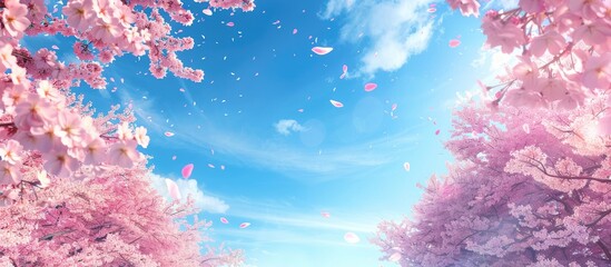 Poster - Cherry blossoms set against a blue sky. Copy space image. Place for adding text and design