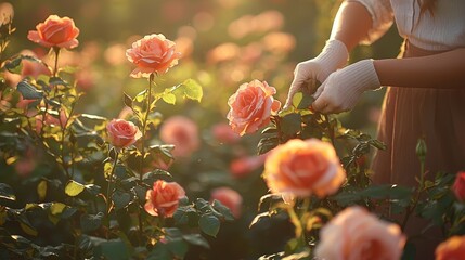 Gardener trimming peach roses in a sunlit garden.