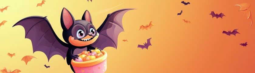 Cute cartoon bat holding a pumpkin full of candy against a vibrant Halloween backdrop, perfect for festive themes and decorations.