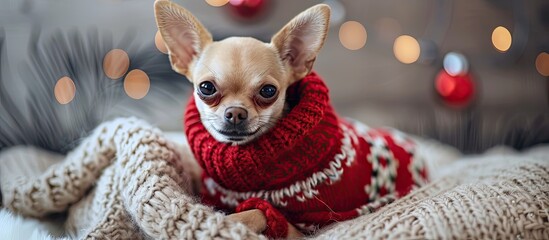 Poster - Holidays greeting card featuring the text Merry Christmas and Happy New Year A cute little Chihuahua in a sweater rests on a blanket. Copy space image. Place for adding text and design