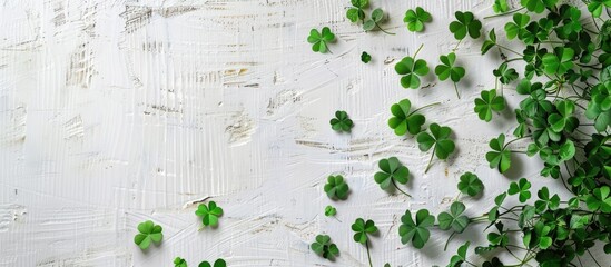 st patrick s day ornamental green clover leaves on a white wooden table seen from above area for tex