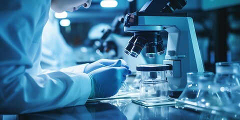 Close-up of a scientist's hands adjusting a microscope in a pharmaceutical research lab.