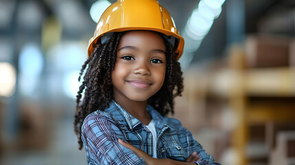 Canvas Print - A young girl wearing a hard hat, smiling confidently in a warehouse.