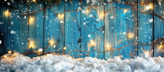 Poster - Christmas Winter and New Year background banner featuring snow and fairy lights rustic blue wooden wall with copyspace