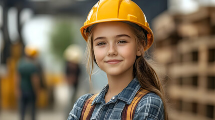 Canvas Print - A young girl wearing a hard hat, smiling confidently at a construction site.