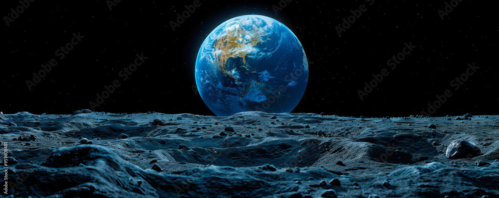 Earthrise from Moon Surface, Stunning View of Blue Earth Against Dark ...
