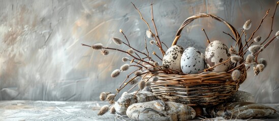 White porcelain cup topped with roasted coffee beans on a table accompanied by various coffee accessories against a dark background. Copy space image. Place for adding text and design