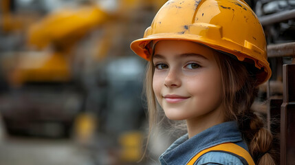 Canvas Print - A young girl wearing a yellow hard hat at a construction site.