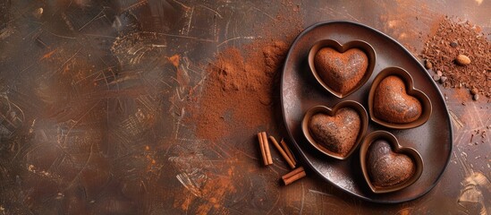 Ceramic plates shaped like hearts for Saint Valentine s Day featuring chocolate cinnamon sugar and cacao on a brown textured background Top view flat lay Copyspace