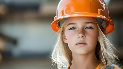 Canvas Print - A young girl wearing an orange hard hat, looking confidently.