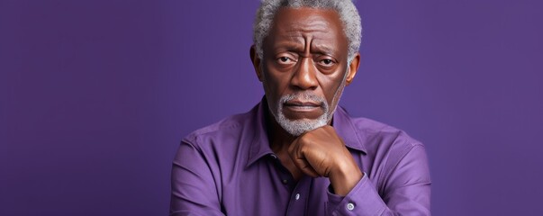 Violet background sad black american independent powerful man. Portrait of older mid-aged person beautiful bad mood expression isolated on background racism skin color depression anxiety 