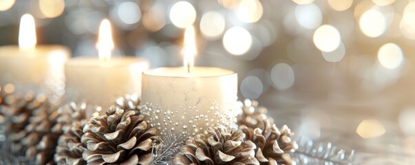 Elegant candles with pine cones create a warm, festive atmosphere, perfect for holiday decor and winter celebrations.