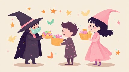 Three children celebrate with colorful gifts and playful costumes, embracing the joy of friendship and festive moments.