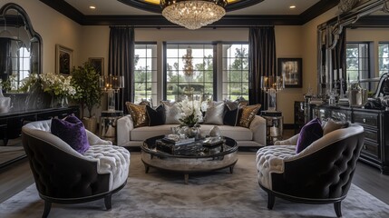 A living room with a gold-colored, glamorous, luxurious style.