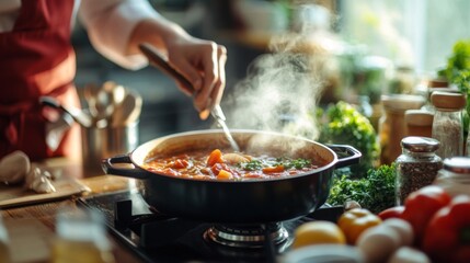 A home cook stirring a pot of soup on a stovetop, with steam rising and various spices and herbs nearby