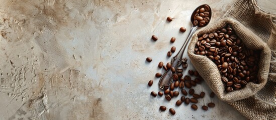 Poster - Coffee backdrop on light rough concrete texture An old burlap sack and metal spoon with dark roasted beans Table surface featuring empty copyspace for advertising text