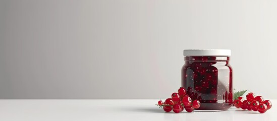 Poster - Homemade jam in a glass jar featuring red currant on a white background Preserved fruit. Copy space image. Place for adding text and design