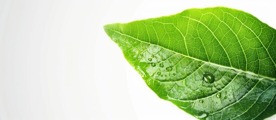 Poster - Close up of a green leaf against a white isolated background under sunlight featuring copy space for use as a background for natural plant landscapes or ecology cover concepts