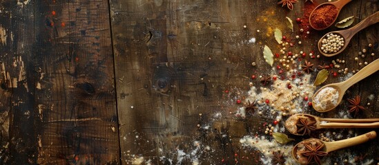 Wall Mural - spices wooden spoon aged wooden table top view. Copy space image. Place for adding text and design