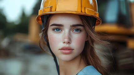 Canvas Print - A young woman in a hard hat, showcasing confidence in an industrial setting.