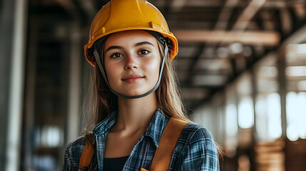 Poster - A young woman in a hard hat, standing in a construction site.