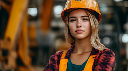 A young woman in a safety helmet and work attire in an industrial setting.