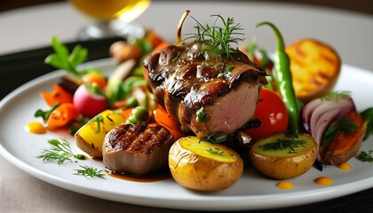 Wall Mural - A plate of delicious food, including roast meat, vegetables and baked potatoes, is presented on an elegant dining table, giving a wonderful dining experience.