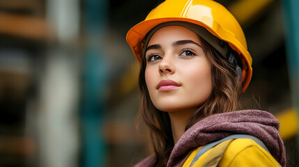 Poster - A young woman in a safety helmet, looking confidently in an industrial setting.