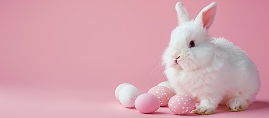 Poster - White Easter bunny with eggs on a pink background isolated The fluffy rabbit gazes at the camera Easter themed background The image includes the caption Happy Easter. Copy space image