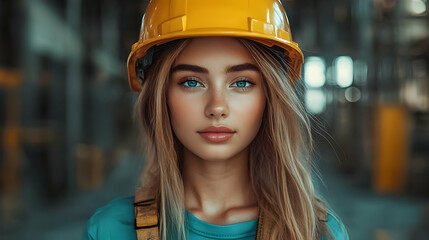 Poster - A young woman in a yellow hard hat, ready for construction work.