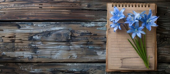 Sticker - Blank notepad featuring blue scilla flowers on a rustic wooden backdrop Early spring blooms A greeting card suitable for Valentine s Day Woman s Day and Mother s Day Top view copy space