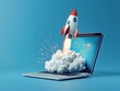 © Edifi 4 - Cartoon rocket launching from laptop into clouds, startup concept