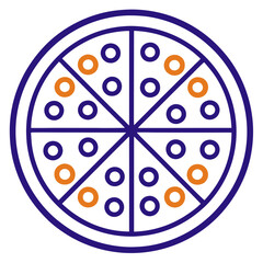  a stylized representation of a pizza. It is a circular shape divided into eight equal slices by lines radiating from the center. Each slice contains a pattern of circles, alternating in color between