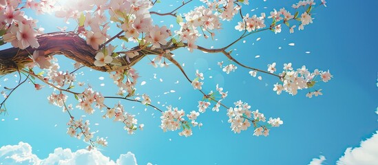 Canvas Print - Branch of a cherry blossom tree in a sunny garden with a clear blue sky in the background Gentle natural scenery. Copy space image. Place for adding text and design