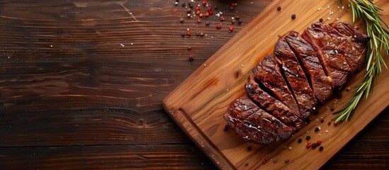 Sticker - Grilled beef steak seasoned with spices on a cutting board Top view with copy space