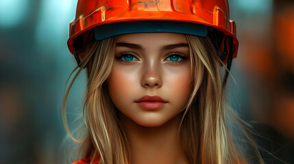 Canvas Print - A young woman wearing an orange hard hat, showcasing safety and confidence.