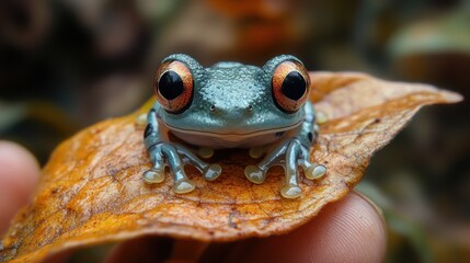 Wall Mural - A vibrant frog perched on a leaf, showcasing nature's beauty.