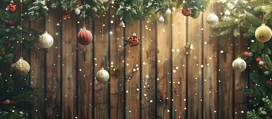 Wall Mural - Christmas decorations suspended above a wooden backdrop. Copy space image. Place for adding text and design