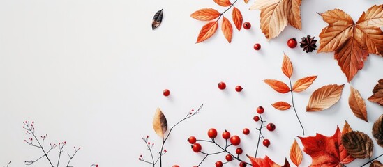 Canvas Print - Autumn arrangement Autumn leaves and berries from various trees and bushes white space available for text Top view flat lay space for text copy space