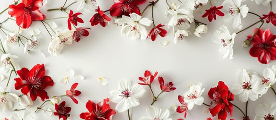 Poster - A collection of red and white spring flowers on a white backdrop. Copy space image. Place for adding text and design