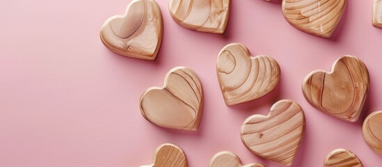 Wooden hearts on a pink background with copy space Valentine s Day theme