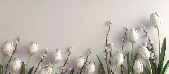 Poster - white tulips and pussy willow. Copy space image. Place for adding text and design