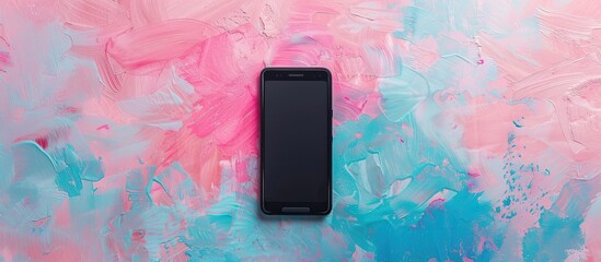 Modern smartphone with a black screen set against a textured background of trendy pastel pink blue coral and lime colors. Copy space image. Place for adding text and design