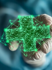 A surgeon in a hightech suit is touching the glowing green medical cross icon on their finger surrounded by interconnected lines and digital nodes forming a healthcare network The background shows a b