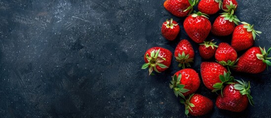 Sticker - Ripe red strawberries against a dark background Top view with copyspace